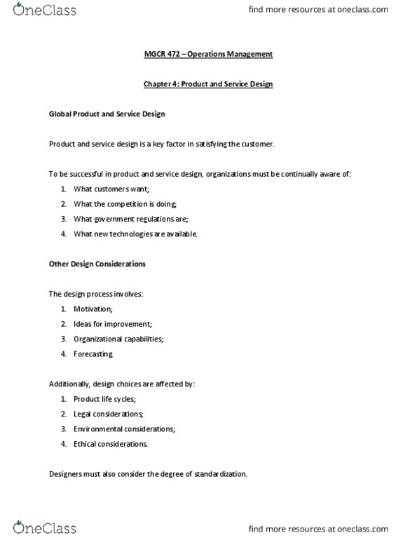 MGCR 472 Chapter Notes - Chapter 4: Service Design, Operations Management, Quality Function Deployment thumbnail