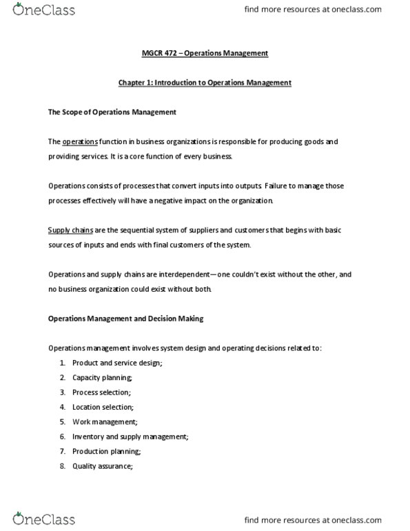 MGCR 472 Chapter Notes - Chapter 1: Operations Management, Service Design, Capacity Planning thumbnail