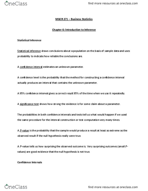 MGCR 271 Chapter Notes - Chapter 6: Null Hypothesis, Statistical Inference, Standard Deviation thumbnail