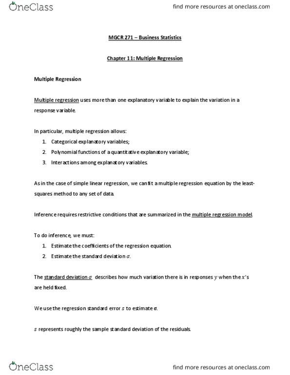 MGCR 271 Chapter Notes - Chapter 11: Simple Linear Regression, Dependent And Independent Variables, Standard Deviation thumbnail