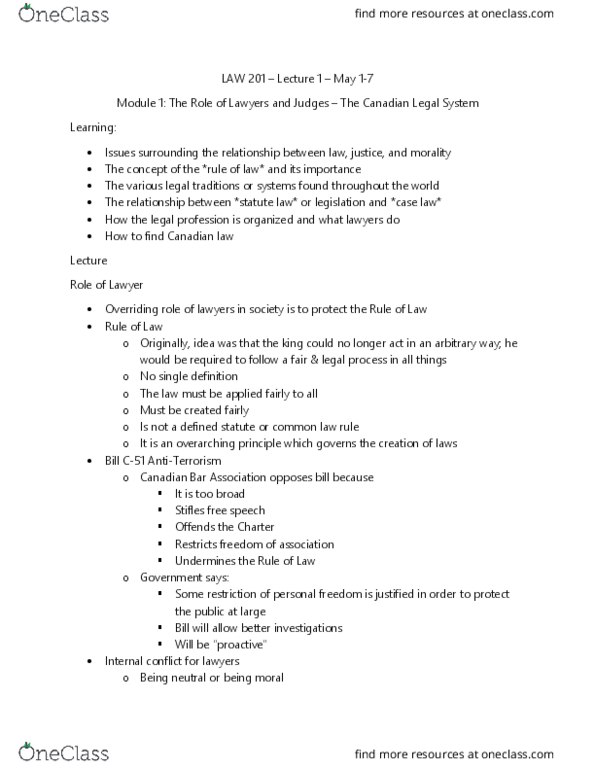 LAW 201 Lecture Notes - Lecture 1: Canadian Bar Association, Professional Responsibility thumbnail