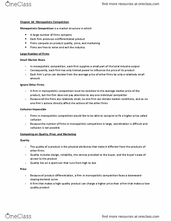 MCS 1000 Chapter Notes - Chapter 14: Monopolistic Competition, Product Differentiation, Demand Curve thumbnail