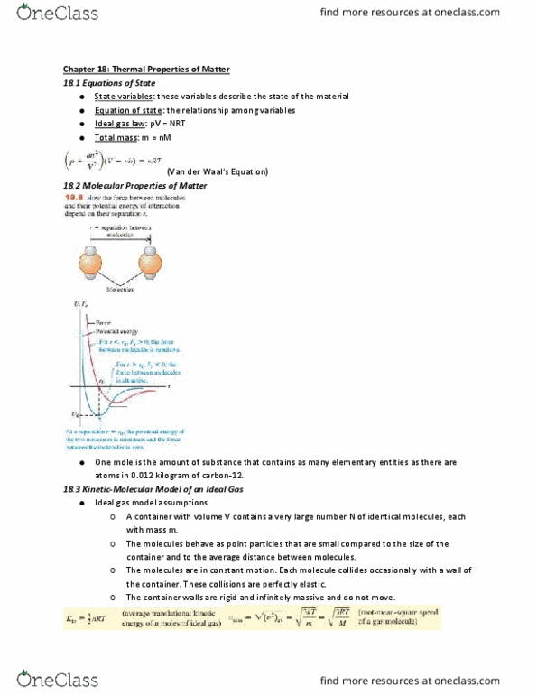 PHYS 2B Chapter Notes - Chapter 18: Ideal Gas Law, Ideal Gas, Carbon-12 thumbnail