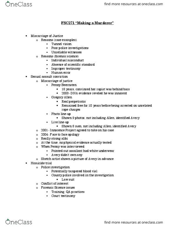 FSC271H5 Lecture Notes - Lecture 9: Tunnel Vision, Forensic Science, Sexual Assault thumbnail