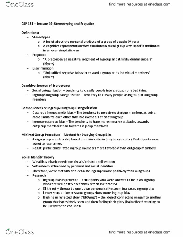 CSP 161 Lecture Notes - Lecture 19: Out-Group Homogeneity, Social Identity Theory, In-Group Favoritism thumbnail