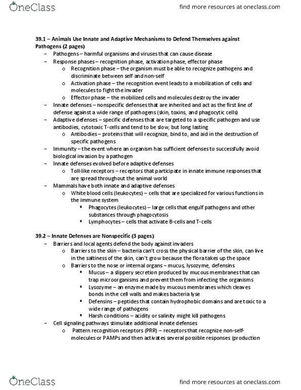 BIO 111 Chapter Notes - Chapter 39: Natural Killer Cell, Adaptive Immune System, Complement System thumbnail