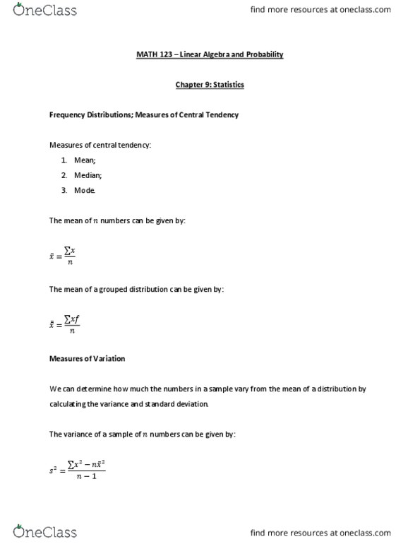 MATH 123 Chapter Notes - Chapter 9: Standard Deviation, Central Tendency, Binomial Distribution thumbnail