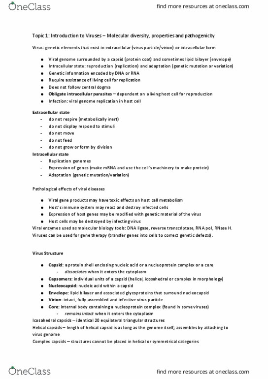 MICB 202 Chapter Notes - Chapter 1: Dna Virus, Reverse Transcriptase, Orthomyxoviridae thumbnail