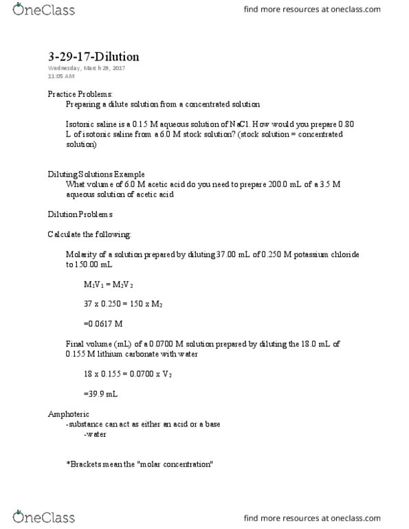 CHEM 107 Lecture Notes - Lecture 49: Potassium Chloride, Sodium Chloride, Molar Concentration thumbnail