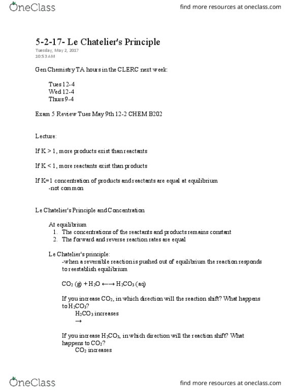 CHEM 107 Lecture Notes - Lecture 59: Formaldehyde, Reversible Reaction, Equilibrium Constant thumbnail