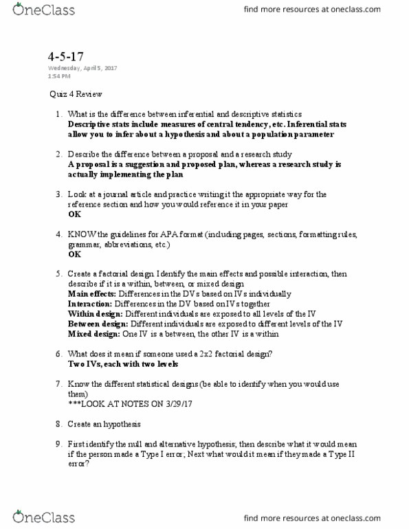 PSY 250 Lecture Notes - Lecture 46: Type I And Type Ii Errors, Design Of Experiments, Factorial Experiment thumbnail