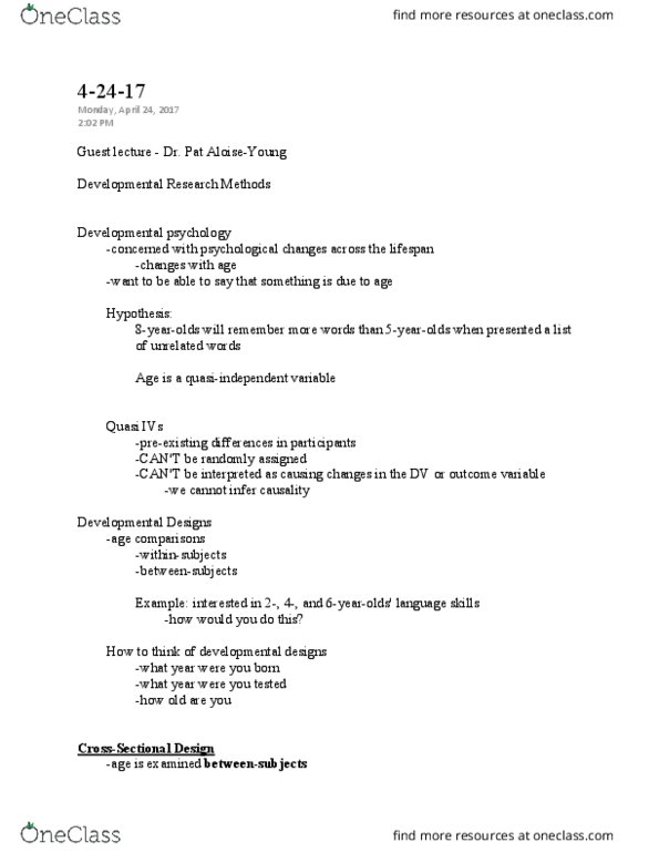 PSY 250 Lecture Notes - Lecture 54: Quasi, Longitudinal Study, Confounding thumbnail