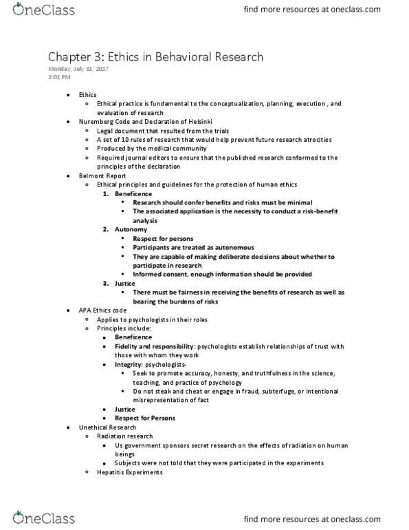 PSY 3213L Lecture Notes - Lecture 3: Nuremberg Code, Belmont Report, Informed Consent thumbnail