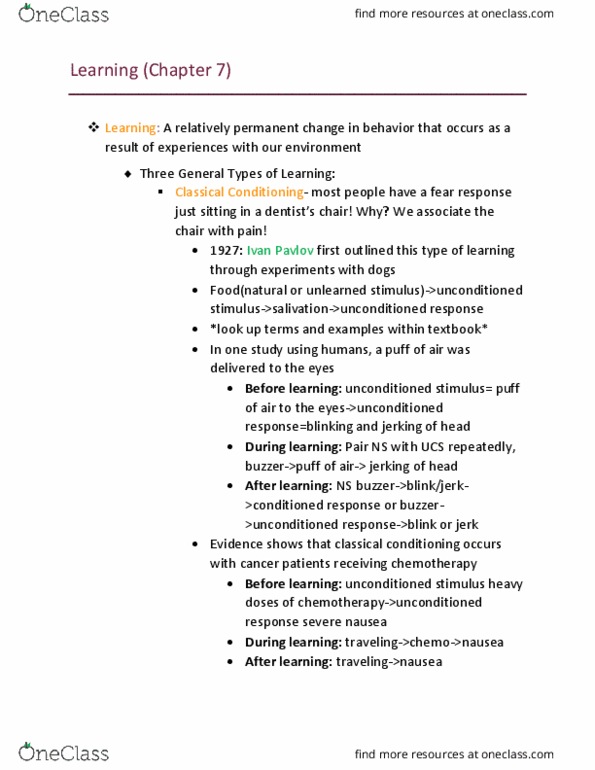 PSYS 100 Lecture Notes - Lecture 7: Chemotherapy, Classical Conditioning, Operant Conditioning thumbnail