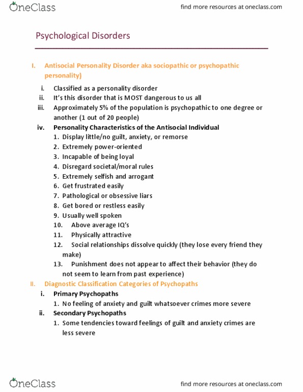 PSYS 100 Lecture Notes - Lecture 1: Antisocial Personality Disorder, Central Nervous System, Extraversion And Introversion thumbnail