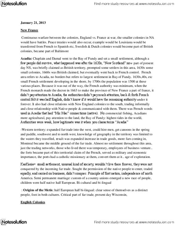 HIS261H5 Lecture Notes - Expulsion Of The Acadians, Quebec Act thumbnail