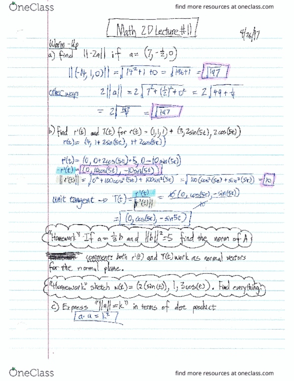 MATH 2D Lecture Notes - Lecture 11: Dot Product thumbnail