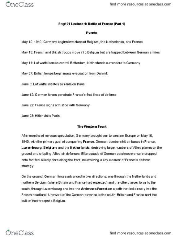 ENGL 101 Lecture Notes - Lecture 4: Maginot Line, Dunkirk Evacuation thumbnail