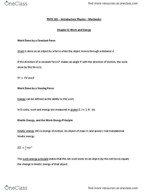 PHYS 101 Chapter Notes - Chapter 6: Gravitational Energy, Kinetic Energy, Net Force thumbnail