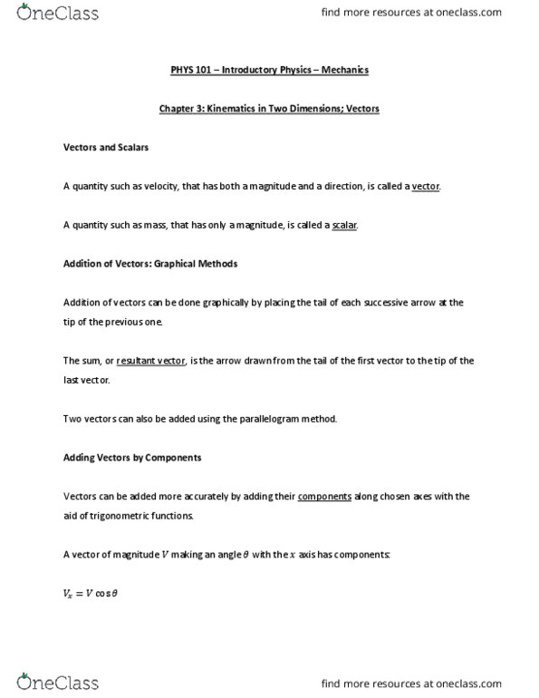 PHYS 101 Chapter Notes - Chapter 3: Parallelogram, Projectile Motion thumbnail