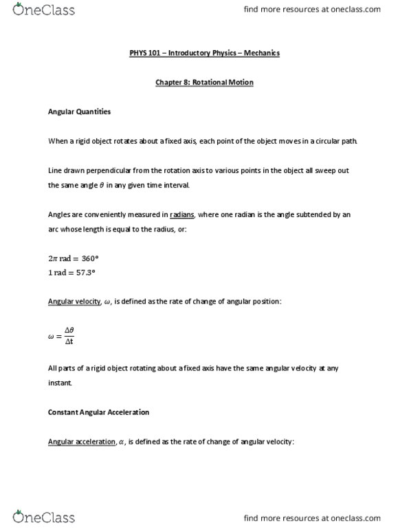 PHYS 101 Chapter Notes - Chapter 8: Angular Velocity, Angular Acceleration, Radian thumbnail