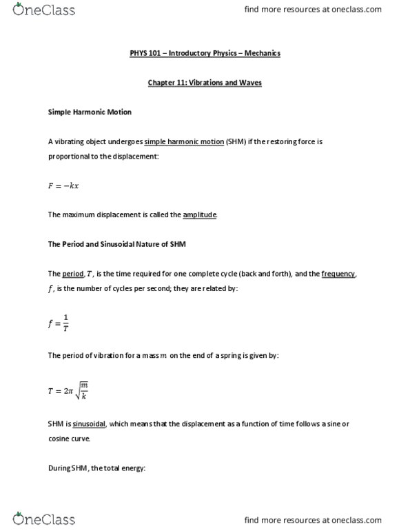 PHYS 101 Chapter Notes - Chapter 11: Simple Harmonic Motion, Transverse Wave, Longitudinal Wave thumbnail