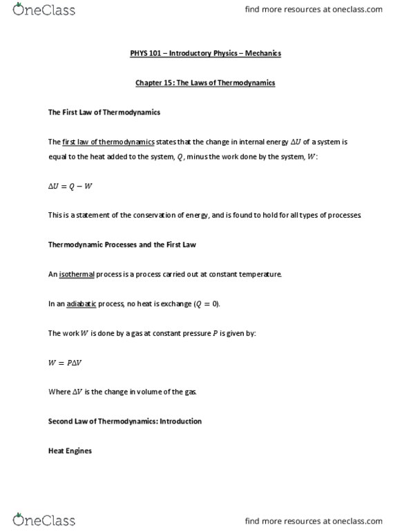 PHYS 101 Chapter Notes - Chapter 15: Isothermal Process, Thermodynamics, Thermal Pollution thumbnail