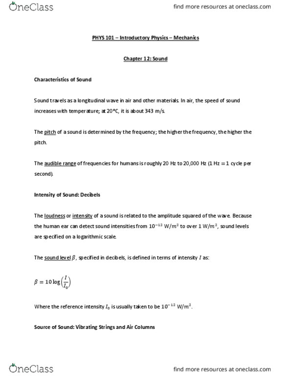 PHYS 101 Chapter Notes - Chapter 12: Longitudinal Wave, Standing Wave, Logarithmic Scale thumbnail