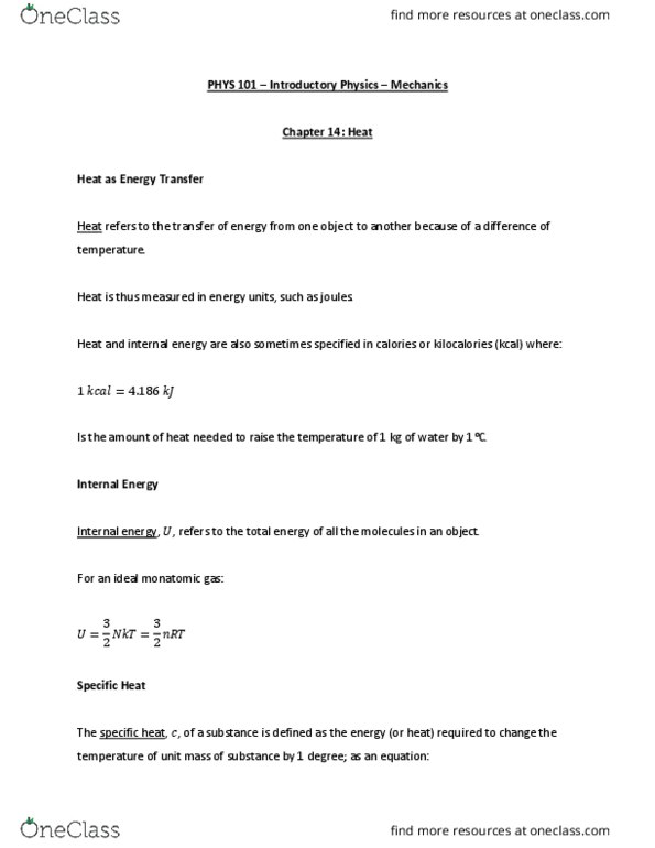 PHYS 101 Chapter Notes - Chapter 14: Internal Energy, Heat Capacity, Emissivity thumbnail