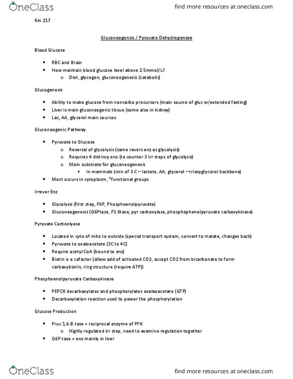 KIN217 Lecture Notes - Lecture 5: Acetyl-Coa, Gluconeogenesis, Phosphofructokinase thumbnail