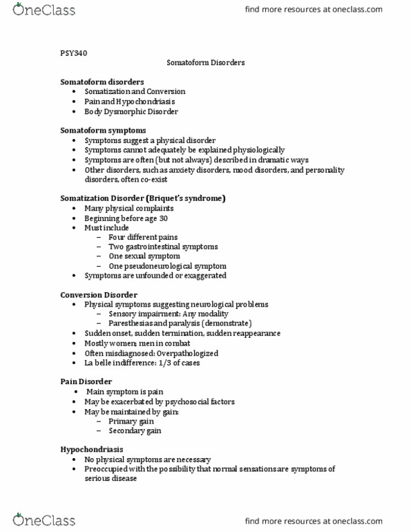 PSY340H5 Lecture Notes - Lecture 6: Body Dysmorphic Disorder, Somatic Symptom Disorder, Hypochondriasis thumbnail