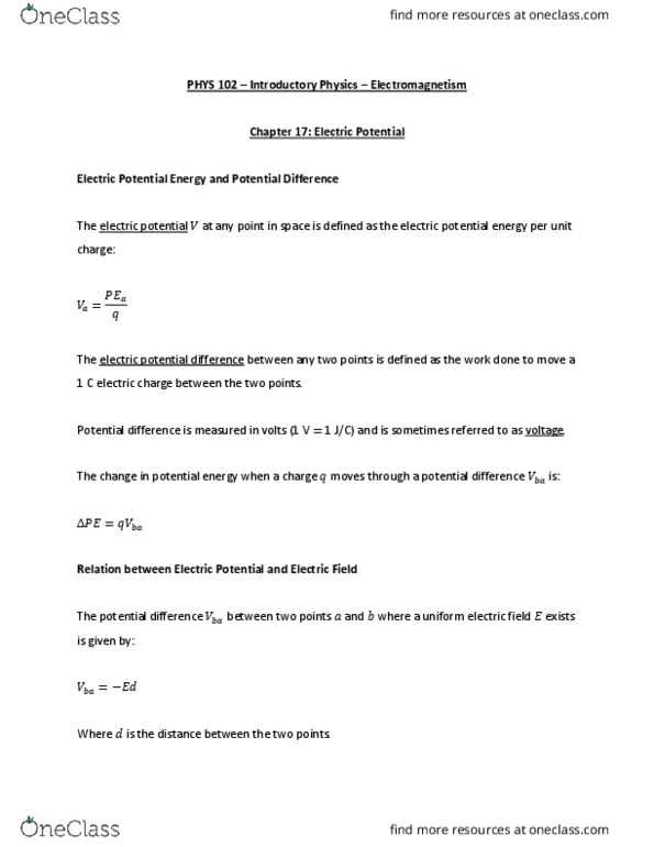 PHYS 102 Chapter Notes - Chapter 17: Electric Potential Energy, Electric Dipole Moment, Equipotential thumbnail