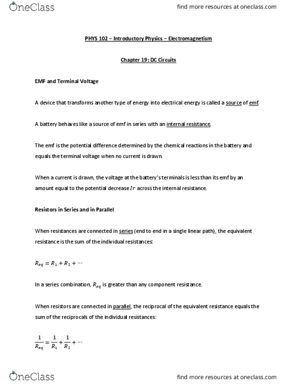 PHYS 102 Chapter Notes - Chapter 19: Internal Resistance, Resistor, Electric Potential thumbnail