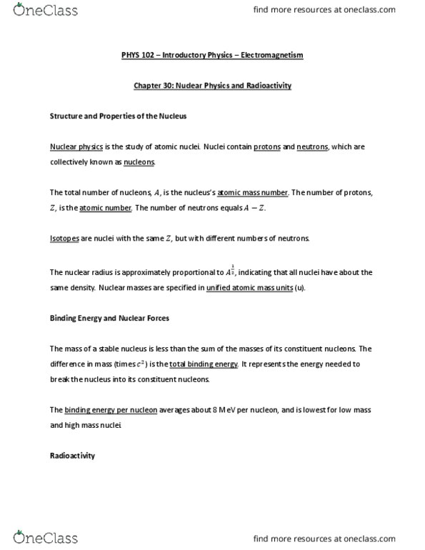 PHYS 102 Chapter Notes - Chapter 30: Unified Atomic Mass Unit, Mass Number, Charge Radius thumbnail