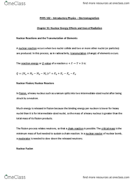 PHYS 102 Chapter Notes - Chapter 31: Nuclear Fission, Nuclear Fission Product, Nuclear Weapon thumbnail