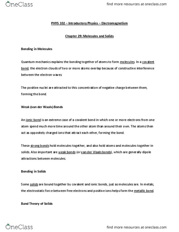 PHYS 102 Chapter Notes - Chapter 29: Ionic Bonding, Metallic Bonding, Quantum Mechanics thumbnail