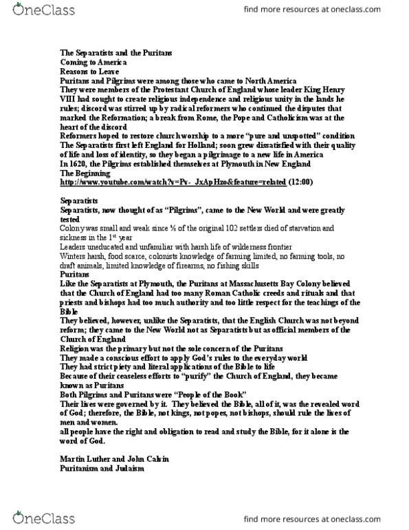 ENGL 2327 Lecture Notes - Lecture 7: Puritans, John Calvin, Times New Roman thumbnail