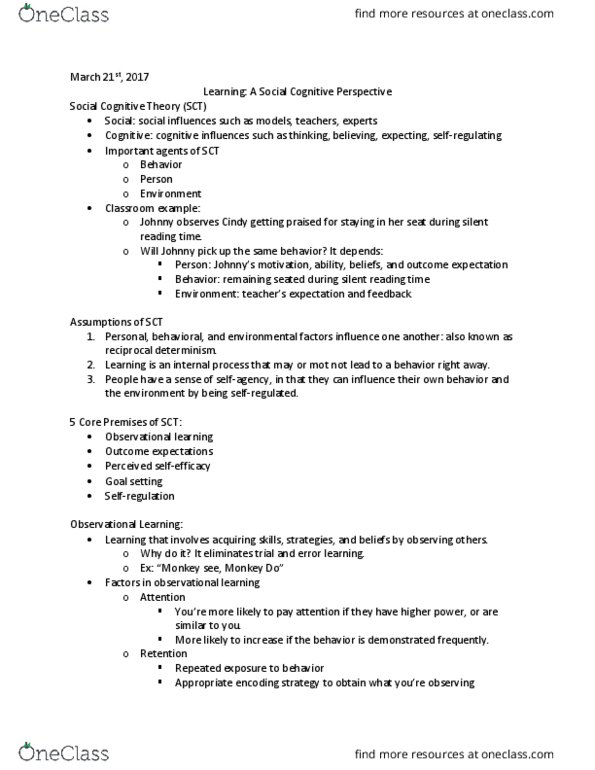 TE 150 Lecture Notes - Lecture 13: Social Cognitive Theory, Children'S Book Council Of Australia, Observational Learning thumbnail