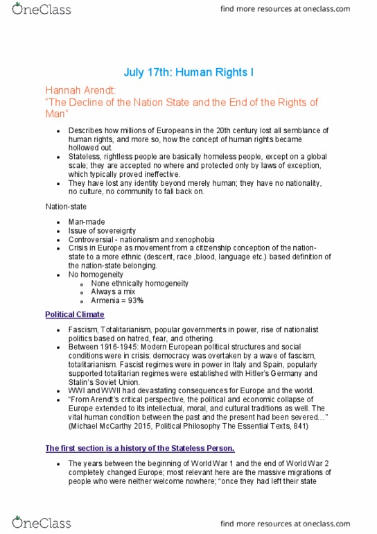 POL S212 Lecture Notes - Lecture 3: Totalitarianism, Natural And Legal Rights, Minority Treaties thumbnail