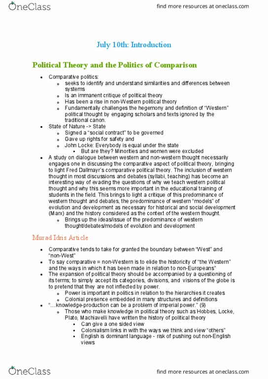 POL S212 Lecture Notes - Lecture 1: Comparative Politics, Eurocentrism, Conceptual History thumbnail