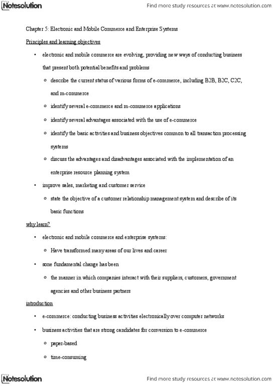 ITEC 1010 Chapter Notes - Chapter 5: Mobile Commerce, Enterprise Resource Planning, Customer Relationship Management thumbnail