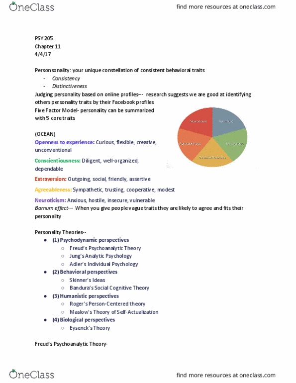 PSY 205 Lecture Notes - Lecture 11: Psy, Extraversion And Introversion, Neuroticism thumbnail