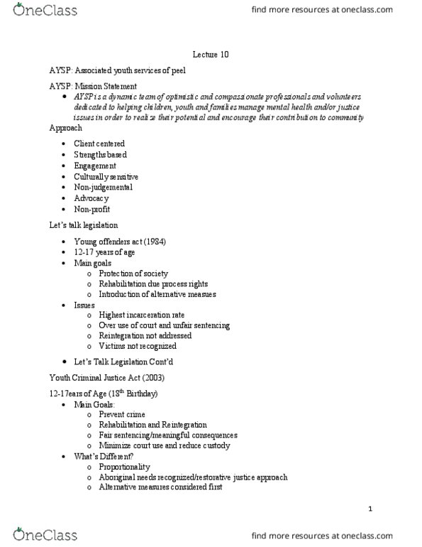 SOC310H5 Lecture Notes - Lecture 10: Youth Criminal Justice Act, Mental Health Court, Juvenile Court thumbnail