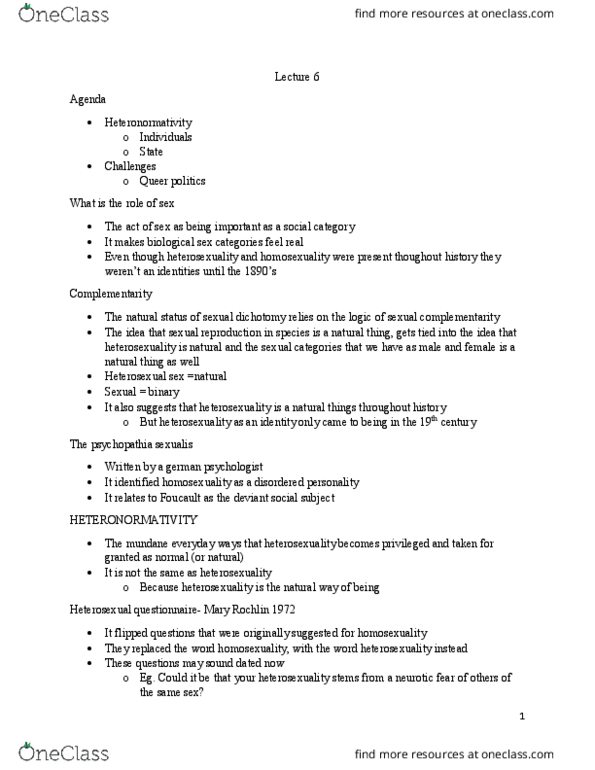 SOC359H5 Lecture Notes - Lecture 6: Parenting, Heteronormativity, Heterosexuality thumbnail