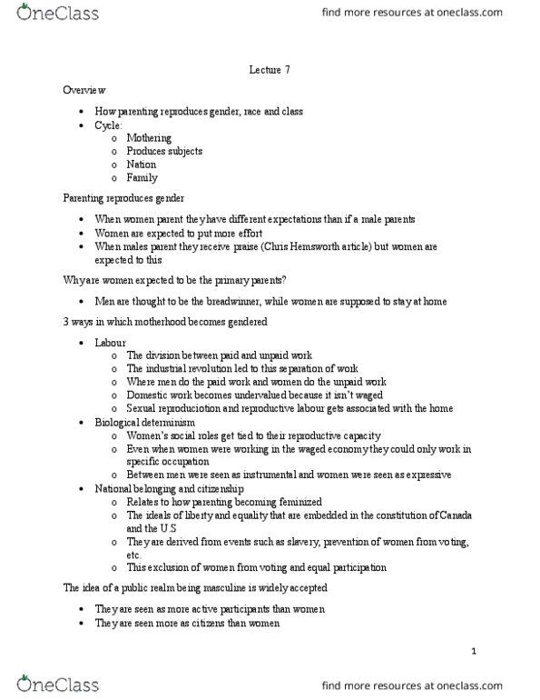 SOC359H5 Lecture Notes - Lecture 7: Chris Hemsworth, Helicopter Parent, Parenting Styles thumbnail