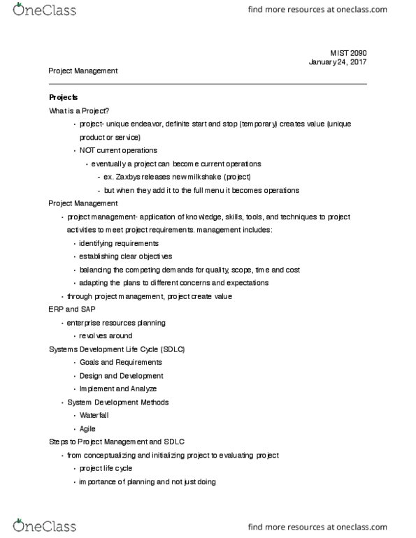 MIST 2090 Lecture Notes - Lecture 15: Systems Development Life Cycle, Scope Creep, Mobile App thumbnail