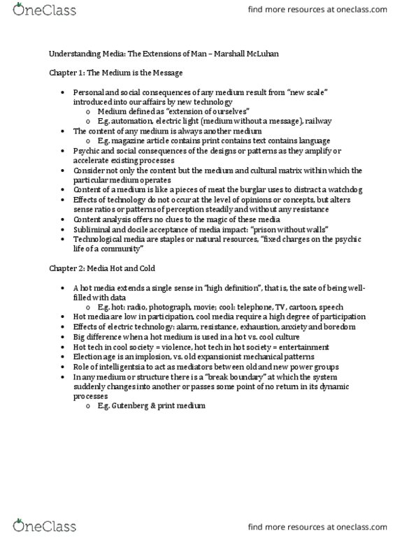 SMC229H1 Chapter Notes - Chapter 1-2: Understanding Media, Intelligentsia, Content Analysis thumbnail