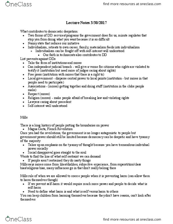 GOVT-105 FA2 Lecture Notes - Lecture 17: Individualism, Harm Principle thumbnail