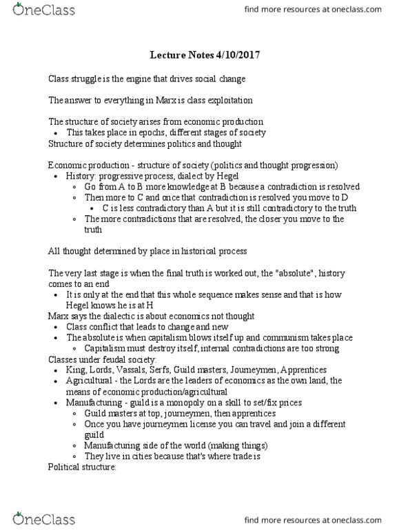 GOVT-105 FA2 Lecture Notes - Lecture 20: Dialectic, Class Conflict, Economic System thumbnail