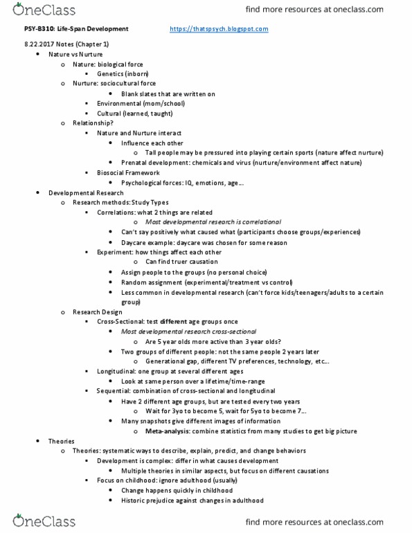 PSY-B - Psychology PSY-B 310 Lecture Notes - Lecture 1: Prenatal Development, Classical Conditioning, Ecological Systems Theory thumbnail